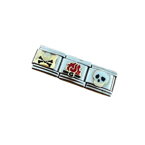 NWT Y2K 3x9mm Skull/Bone, Fire Flames Silver Stainless Steel Italian Charms - Picture 1 of 1